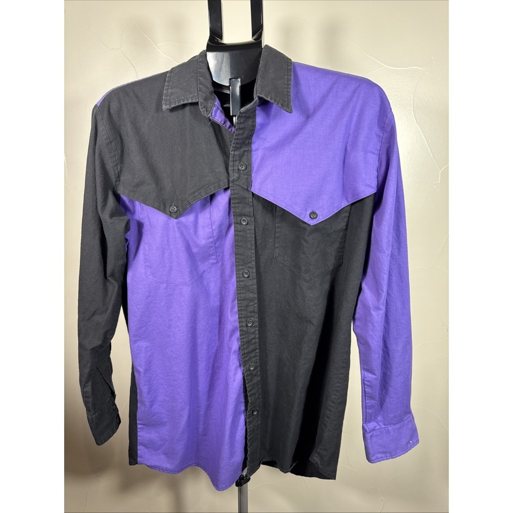 Vintage Karman Shirt Mens Large Black Purple ‎ Color-block Western Button Down